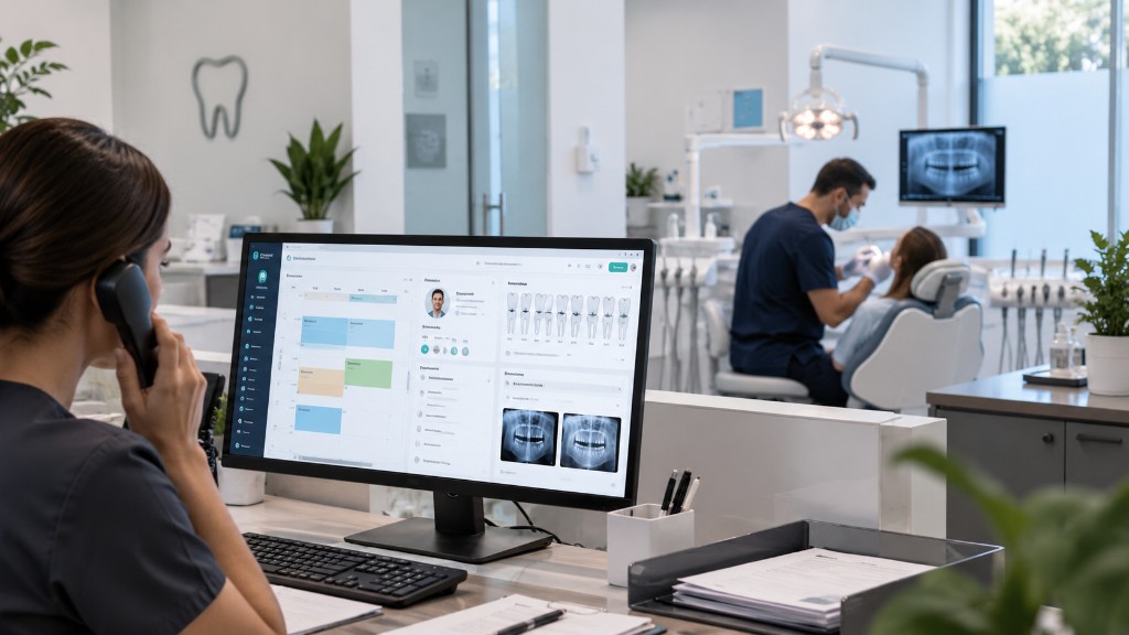 Equipo de clínica dental trabajando con DENTION en recepción y gabinete
